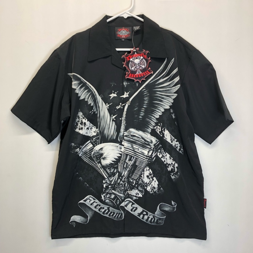 NWT‎ Dragonfly Roadhouse Engine Button Shirt Eagle Freedom To Ride Men's size M